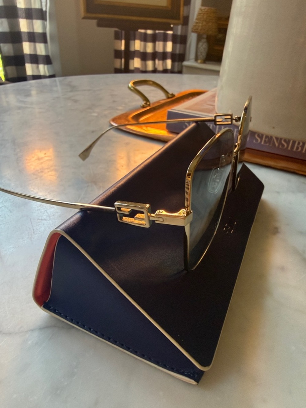 Fendi Gold Frame Sunglasses with Blue Lenses and Signature FF Pattern - Picture 4 of 5